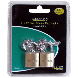 STERLING LOCKS 2 x 20mm Light Security Brass Padlock Multi-Pack Keyed Alike