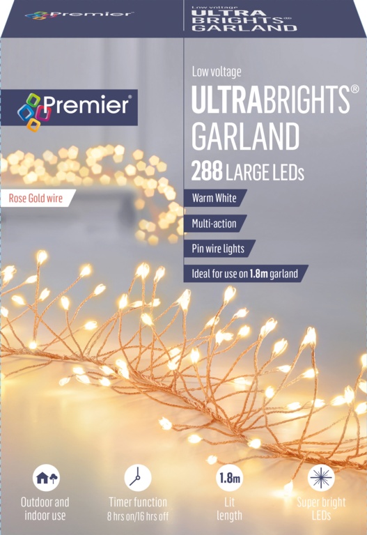 Premier Multi Action Ultra Brights Rose Gold Garland Warm White 288 LEDs