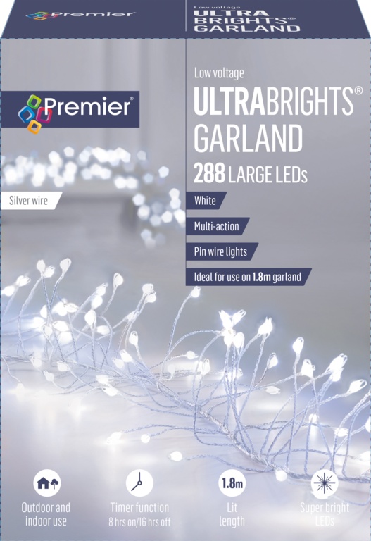 Premier Multi Action Ultra Brights Silver Garland White 288 LEDs