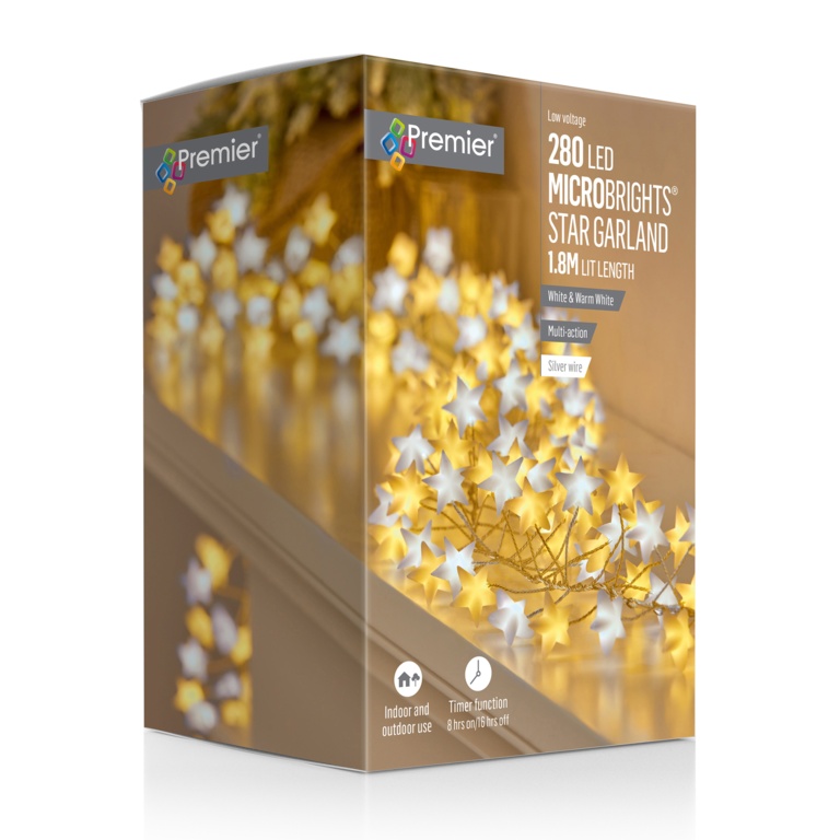 Premier Multi Action 280 LED Microbrights Star Garland White & Warm White Silver Wire