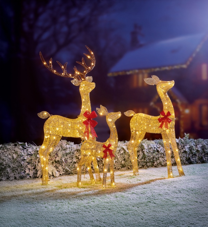 Premier Set Of 3 Lit Gold Glitter Fabric Deer 1.4m