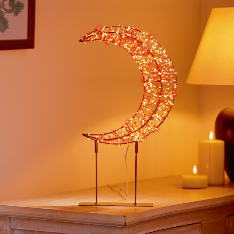 Premier Twinkling Lit Gold Table Top Crescent Moon 45cm Red/Warm White