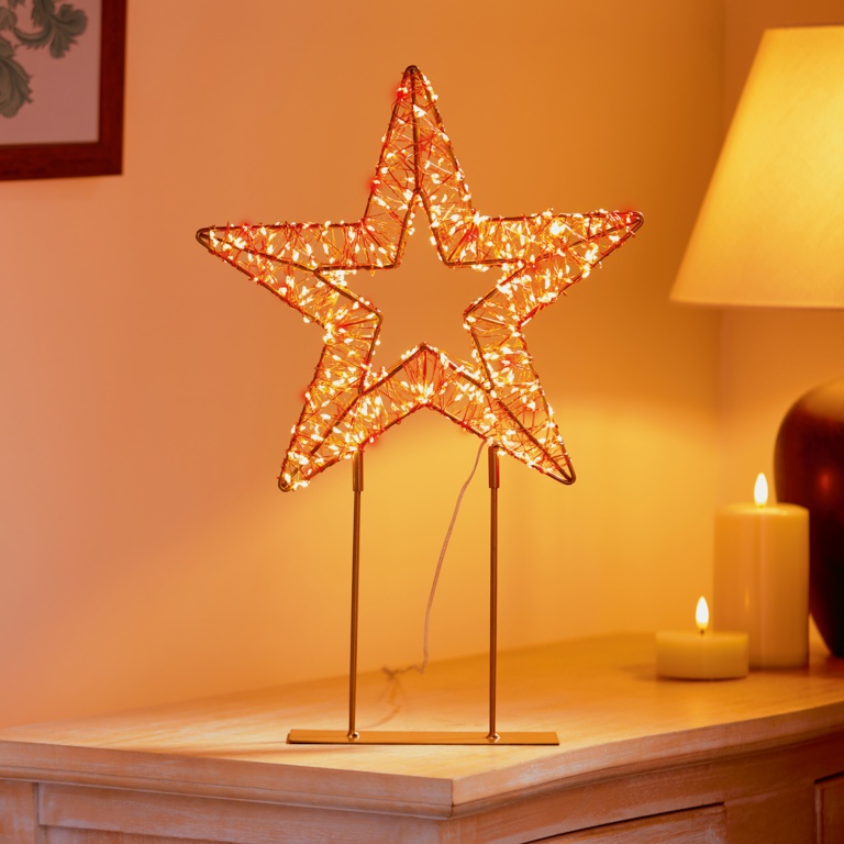 Premier Twinkling Lit Gold Table Top Star 45cm Red/ Warm White
